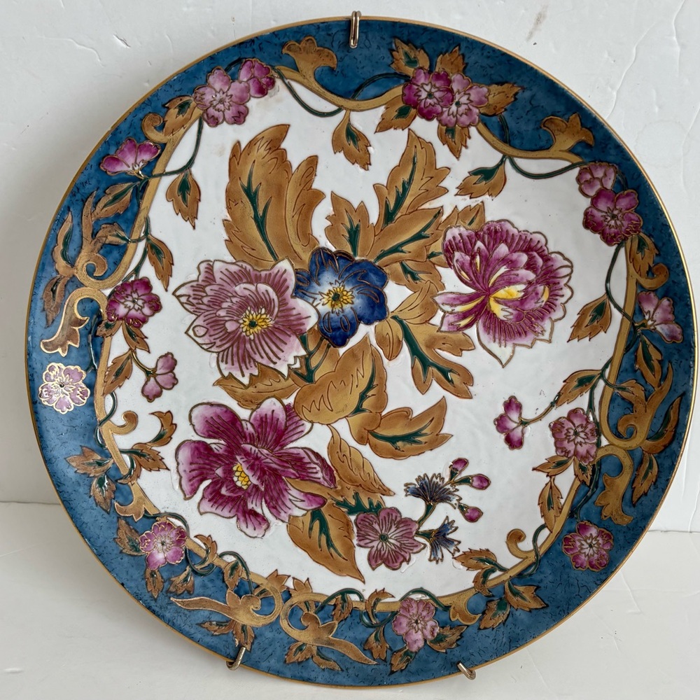 Floral Decorative Plate with Blue and Gold Accents